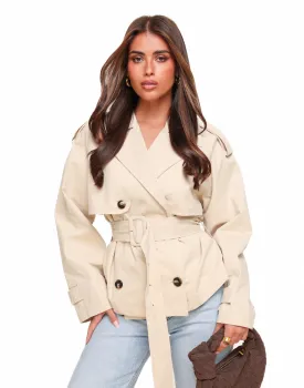 Beige Cropped Classic Trench Coat - Jas