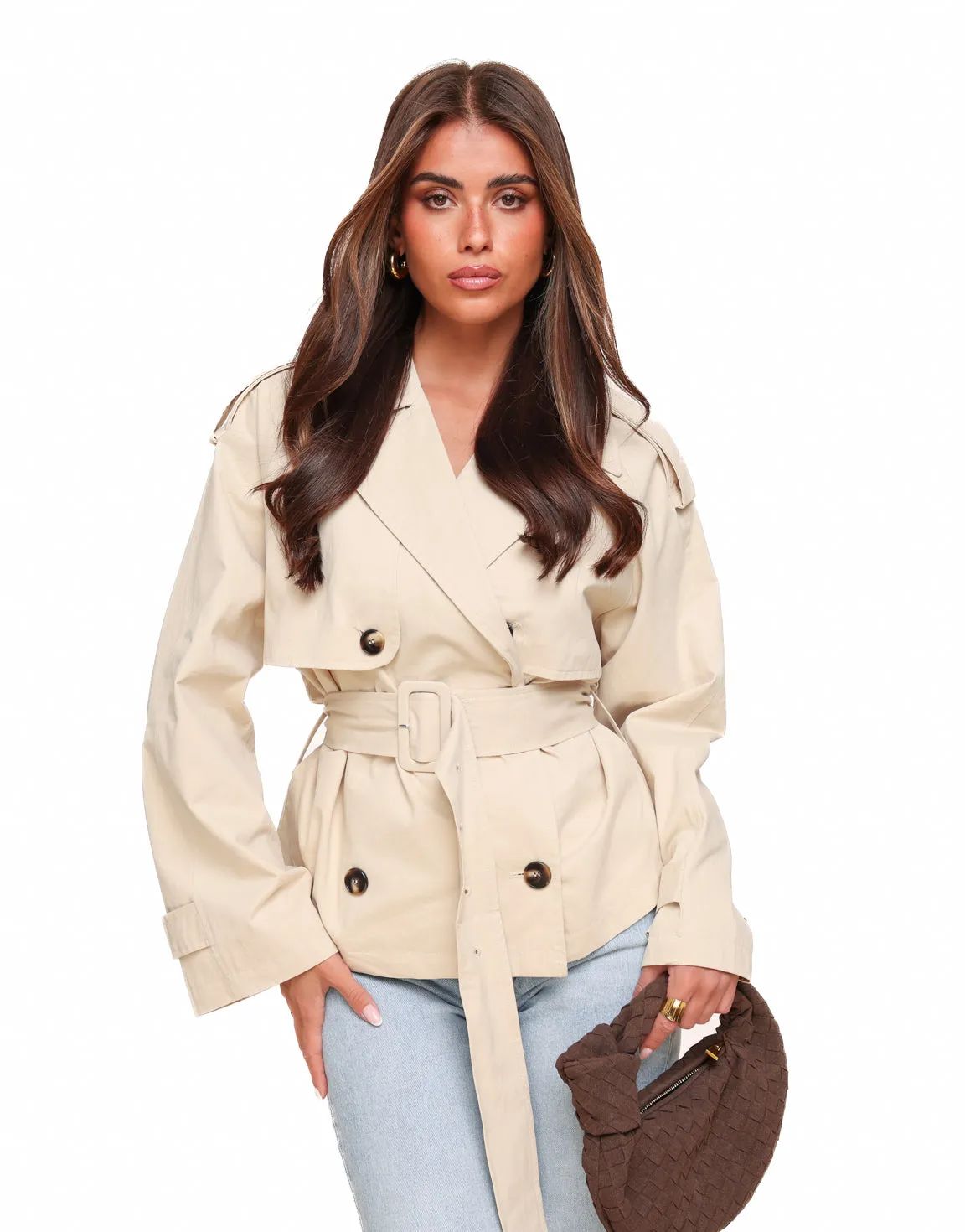 Beige Cropped Classic Trench Coat - Jas