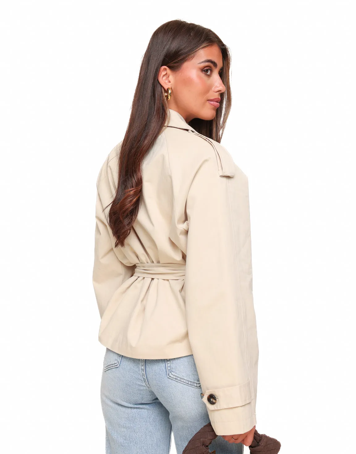 Beige Cropped Classic Trench Coat - Jas