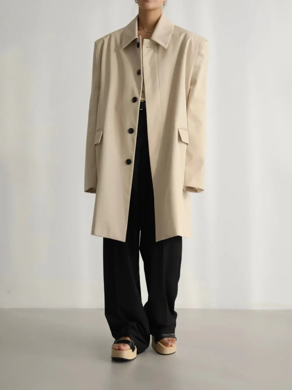 Beige Shoulder Padded Oversized Trench Coat