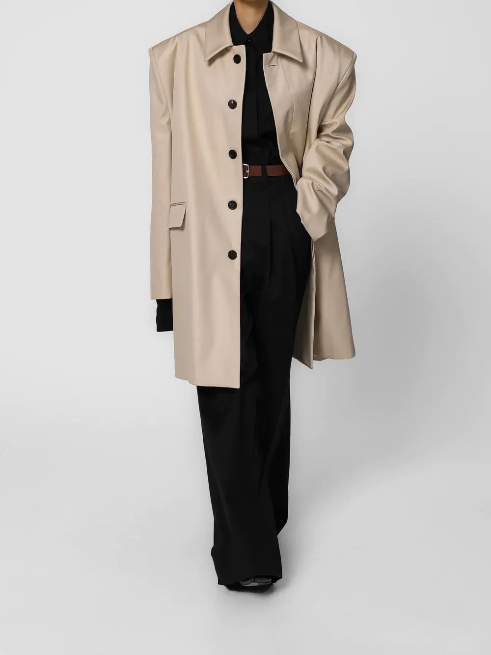 Beige Shoulder Padded Oversized Trench Coat