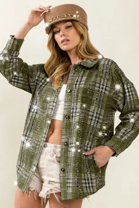 BiBi Allover Clear Sequins Vintage Plaid Jacket
