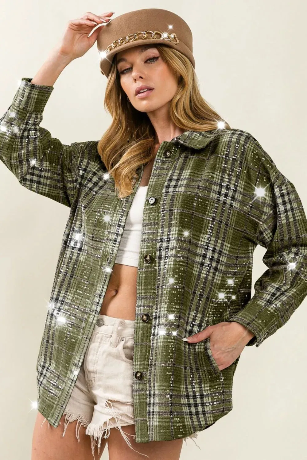 BiBi Allover Clear Sequins Vintage Plaid Jacket