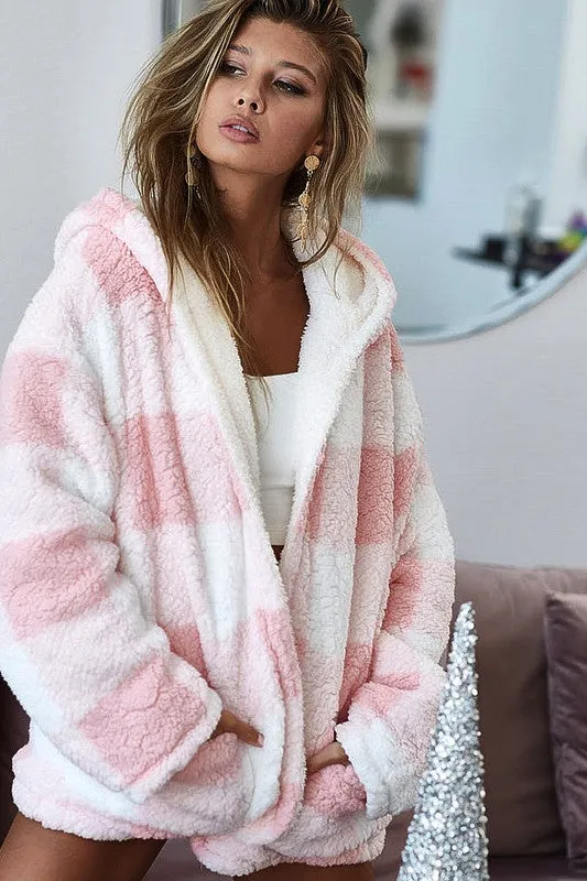 BiBi Two Way Reversible Check Plaid Faux Fur Hooded Jacket