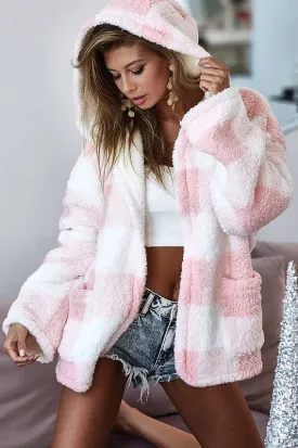 BiBi Two Way Reversible Check Plaid Faux Fur Hooded Jacket