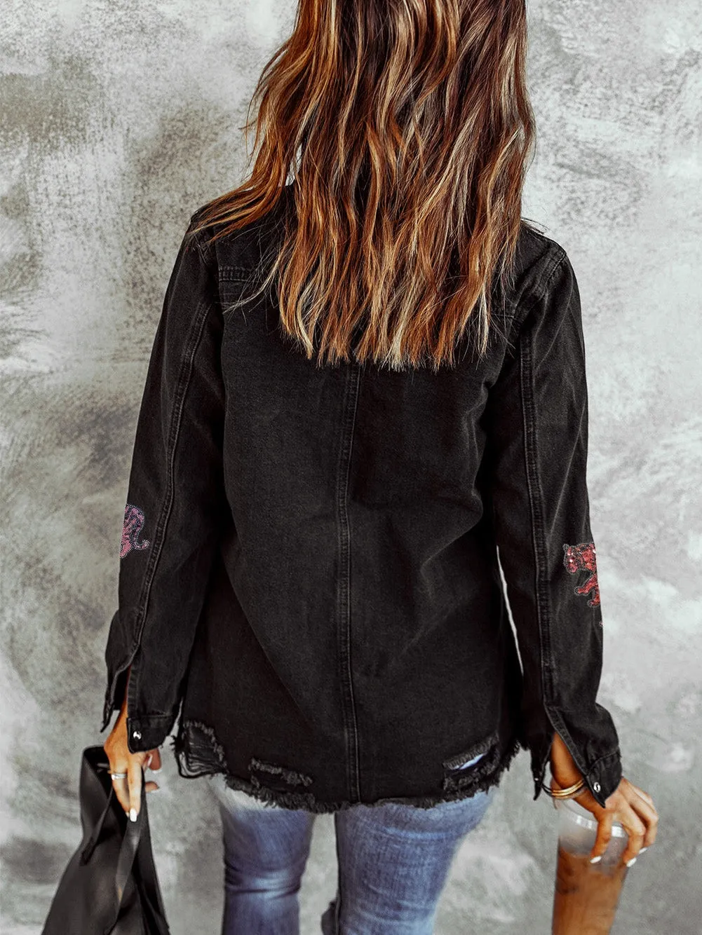 Black Denim Jacket with Multicolored Tiger Sequins