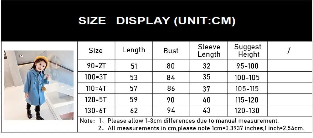 Double Breasted Girls Woolen Coats Autumn Winter Trench Jacket Coat 2-6Yrs Children Clothes For Kids Outerwear Birthday Present