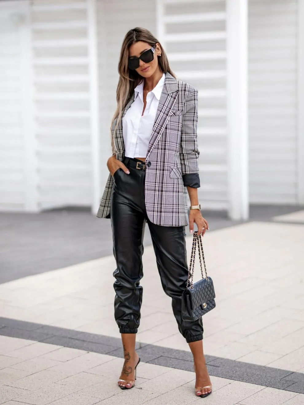 Elegant Lapel Collar 3/4 Sleeve Plaid Suit Jacket