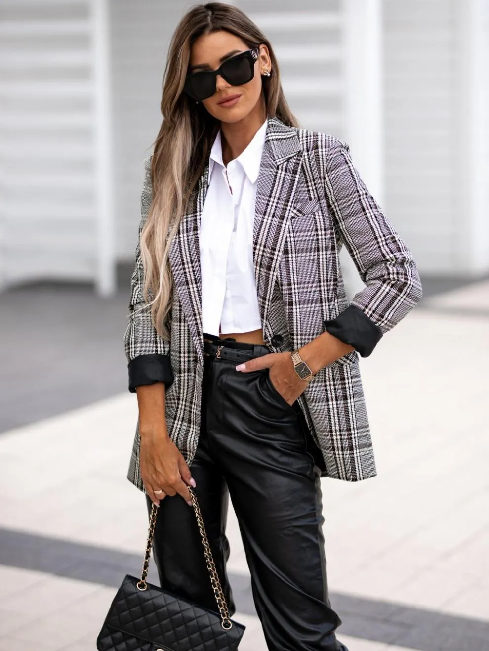 Elegant Lapel Collar 3/4 Sleeve Plaid Suit Jacket