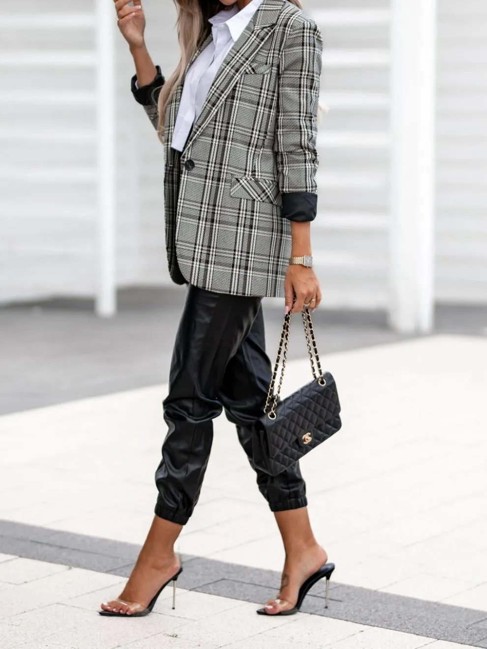 Elegant Lapel Collar 3/4 Sleeve Plaid Suit Jacket