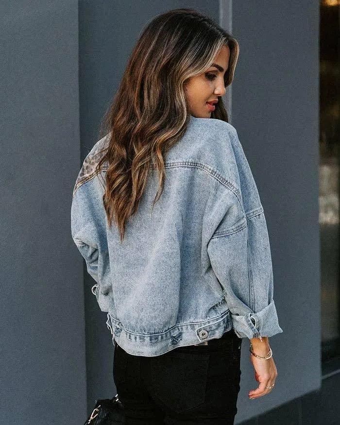 Ladies Leopard Splice Ripped Denim Jacket MN2014
