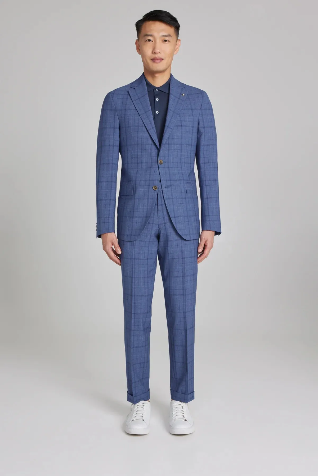 Mid-Blue Tonal Plaid Midland Contemporary Fit DRAGO Wool Suit - Jack Victor