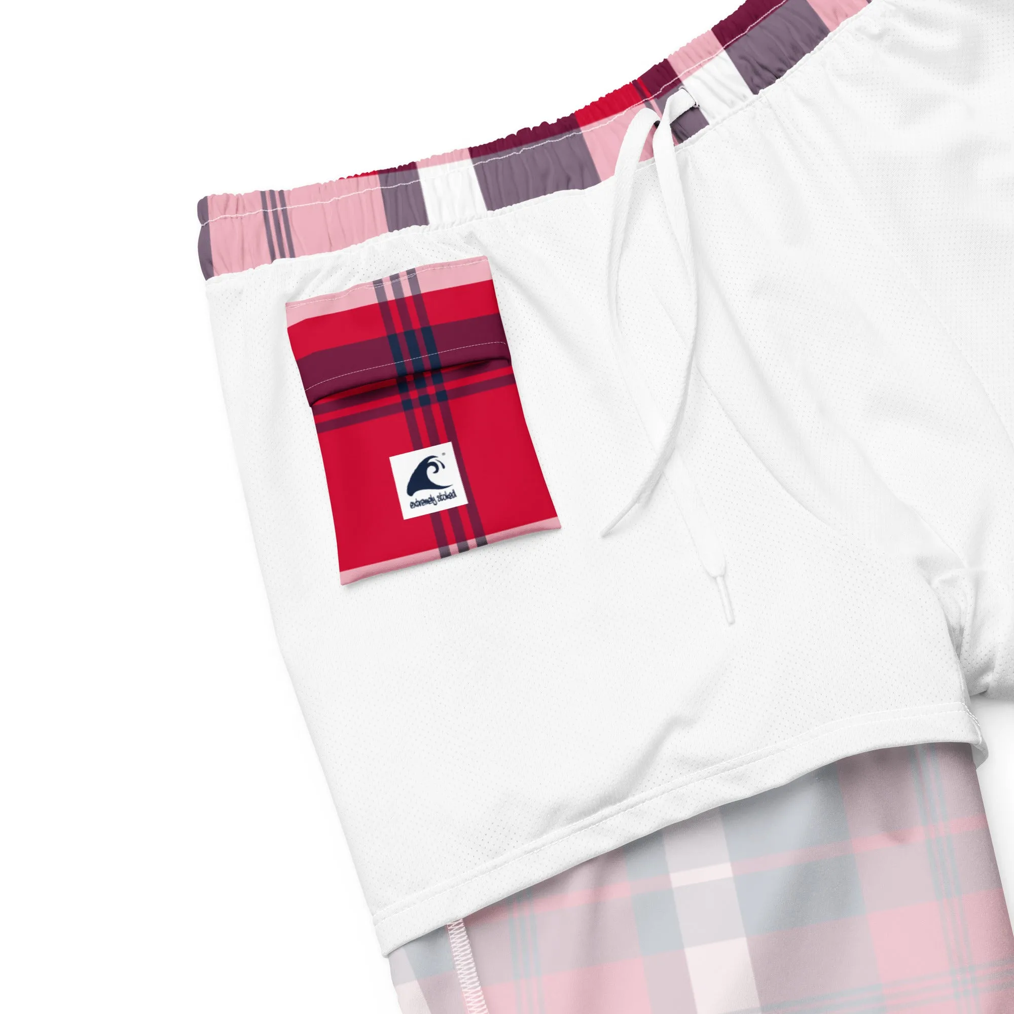Red, White and Navy Blue Preppy Surfer Plaid Men's Swimsuit